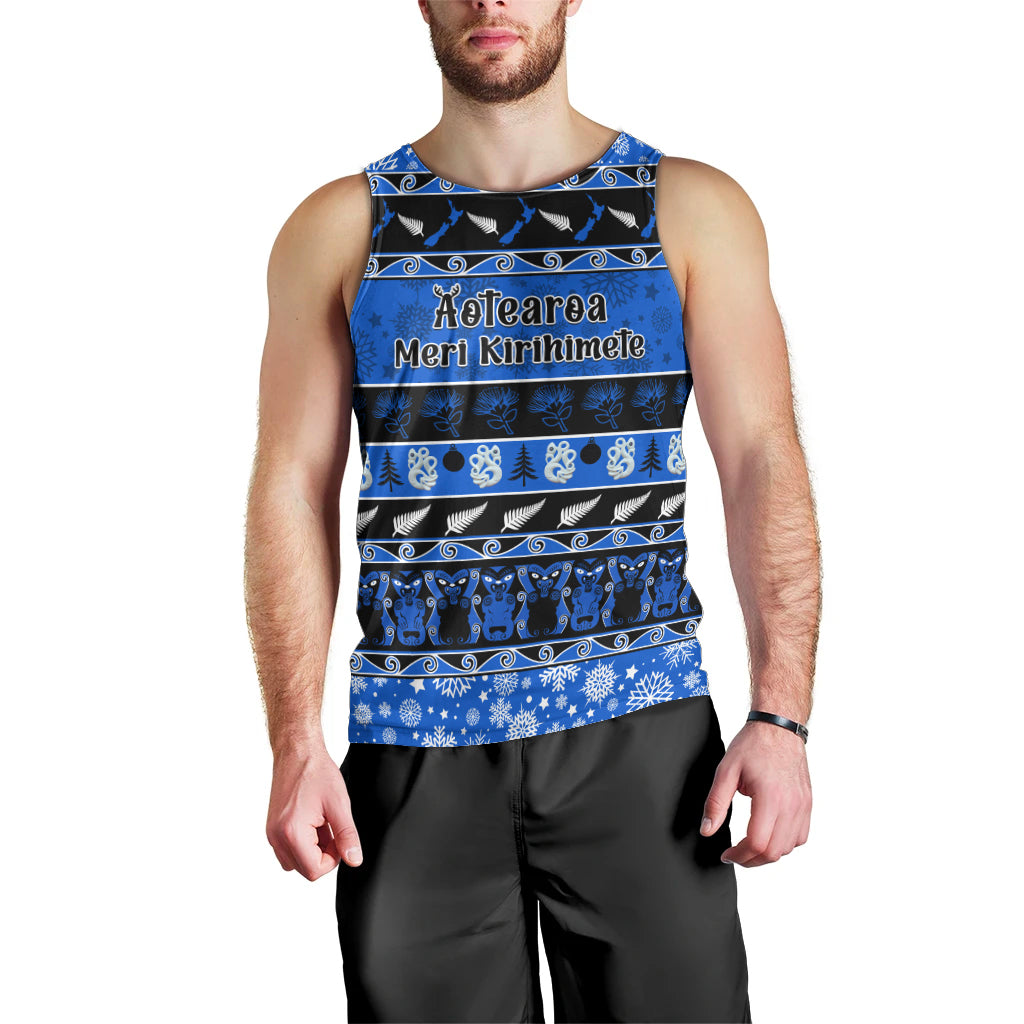 Personalised New Zealand Christmas Men Tank Top Aotearoa Kiwi Meri Kirihimete Blue Version - Wonder Print Shop
