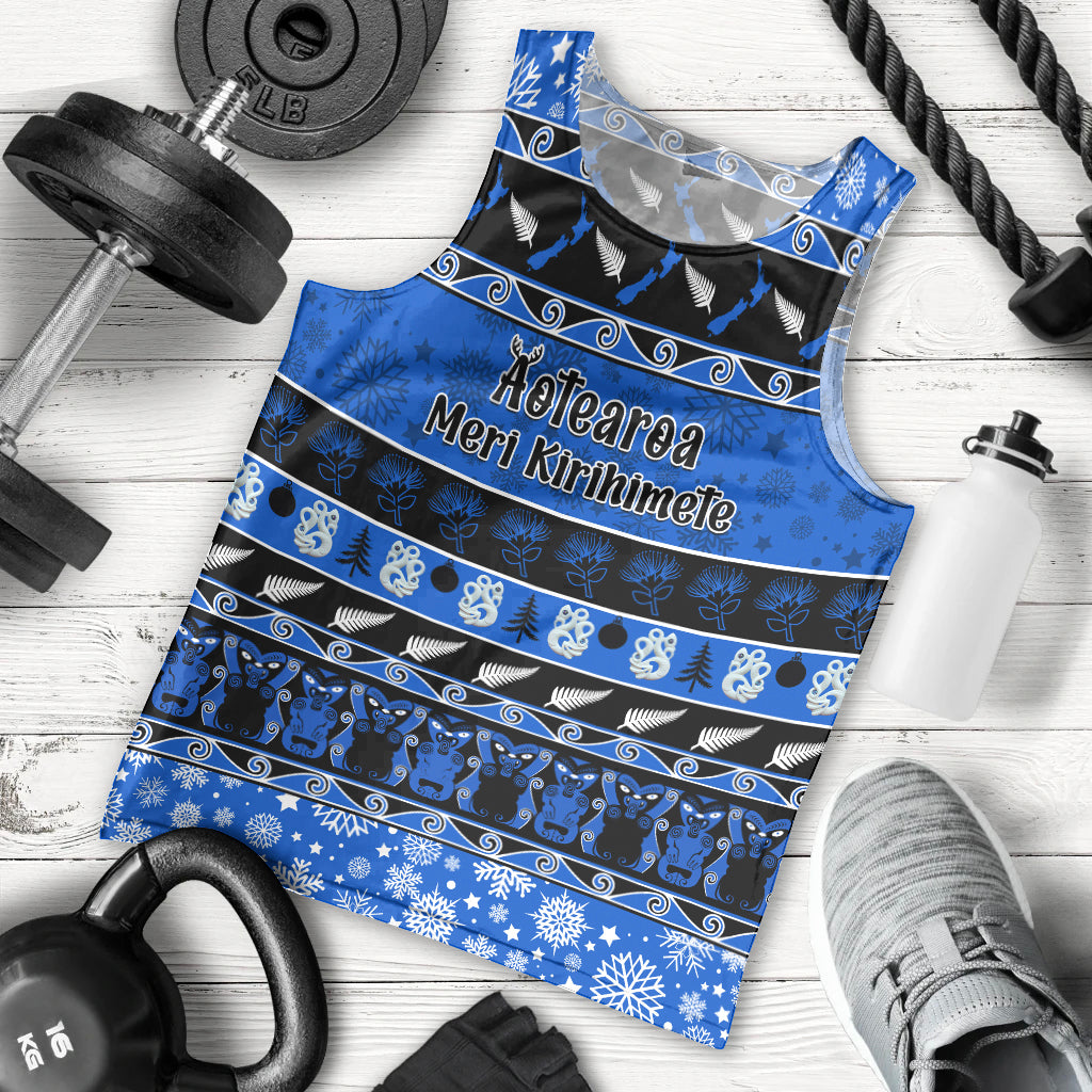 Personalised New Zealand Christmas Men Tank Top Aotearoa Kiwi Meri Kirihimete Blue Version - Wonder Print Shop