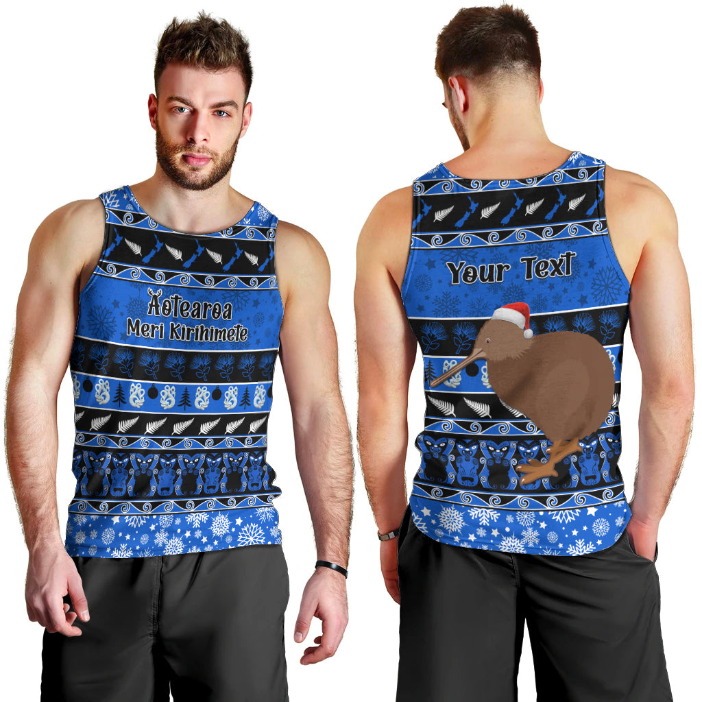 Personalised New Zealand Christmas Men Tank Top Aotearoa Kiwi Meri Kirihimete Blue Version - Wonder Print Shop