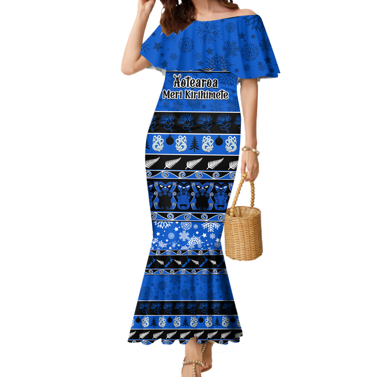 Personalised New Zealand Christmas Mermaid Dress Aotearoa Kiwi Meri Kirihimete Blue Version - Wonder Print Shop