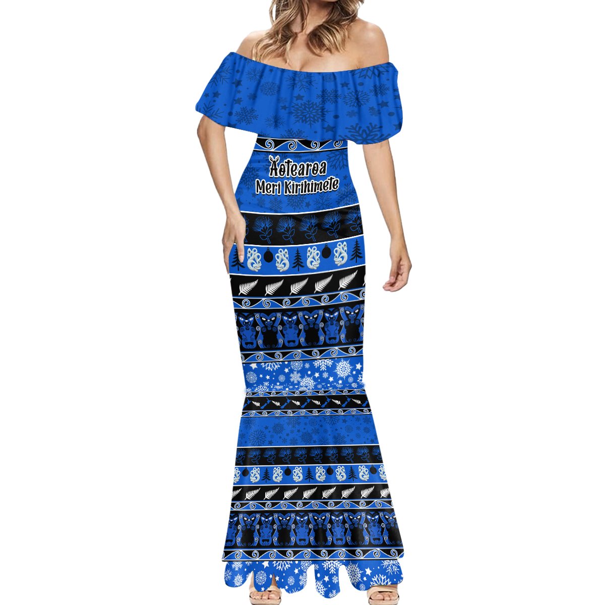 Personalised New Zealand Christmas Mermaid Dress Aotearoa Kiwi Meri Kirihimete Blue Version - Wonder Print Shop