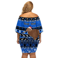 Personalised New Zealand Christmas Off Shoulder Short Dress Aotearoa Kiwi Meri Kirihimete Blue Version - Wonder Print Shop