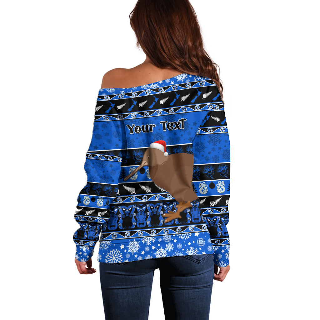 Personalised New Zealand Christmas Off Shoulder Sweater Aotearoa Kiwi Meri Kirihimete Blue Version - Wonder Print Shop