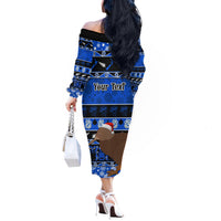 Personalised New Zealand Christmas Off The Shoulder Long Sleeve Dress Aotearoa Kiwi Meri Kirihimete Blue Version - Wonder Print Shop