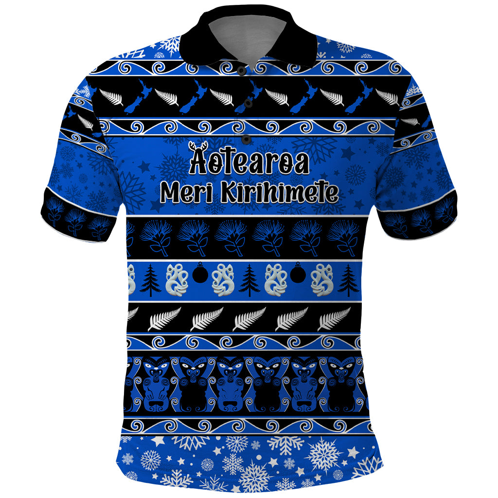 Personalised New Zealand Christmas Polo Shirt Aotearoa Kiwi Meri Kirihimete Blue Version - Wonder Print Shop