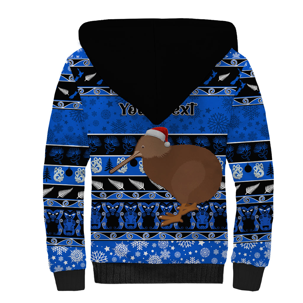 Personalised New Zealand Christmas Sherpa Hoodie Aotearoa Kiwi Meri Kirihimete Blue Version - Wonder Print Shop
