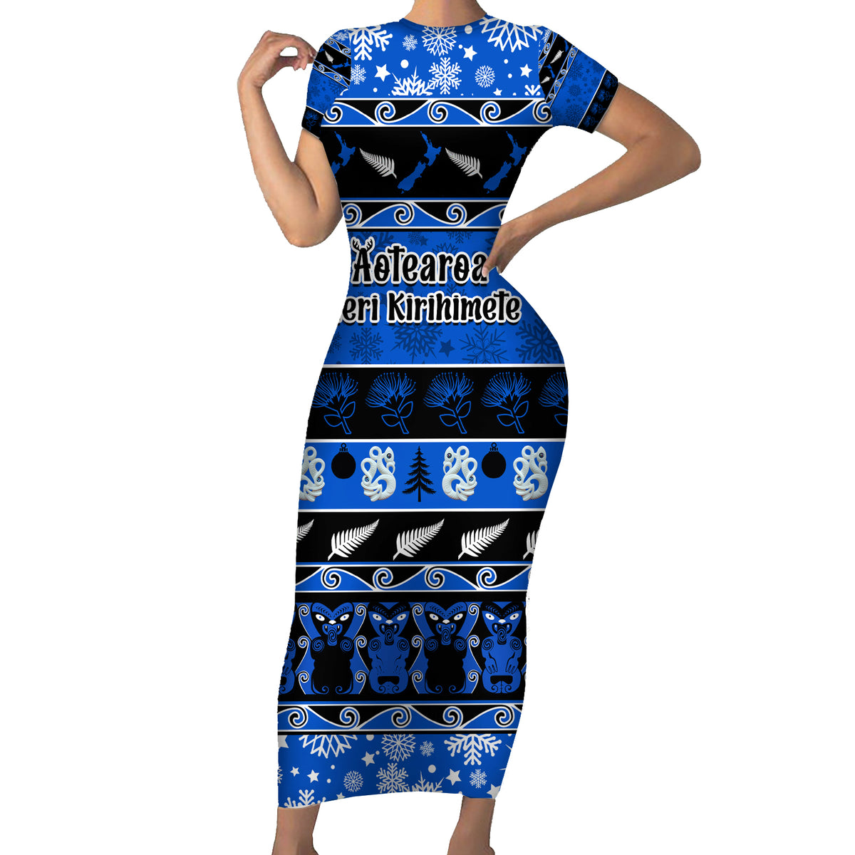 Personalised New Zealand Christmas Short Sleeve Bodycon Dress Aotearoa Kiwi Meri Kirihimete Blue Version - Wonder Print Shop
