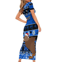 Personalised New Zealand Christmas Short Sleeve Bodycon Dress Aotearoa Kiwi Meri Kirihimete Blue Version - Wonder Print Shop