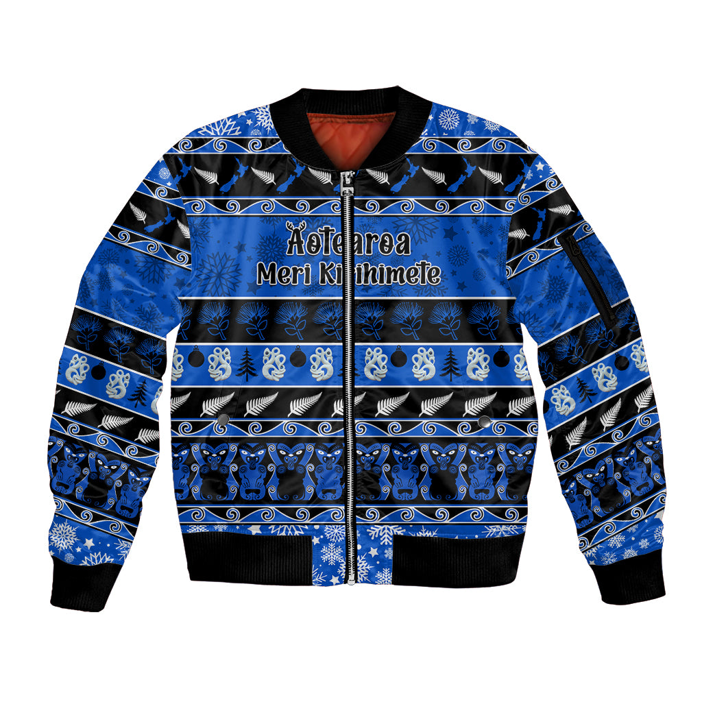 Personalised New Zealand Christmas Sleeve Zip Bomber Jacket Aotearoa Kiwi Meri Kirihimete Blue Version - Wonder Print Shop