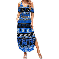 Personalised New Zealand Christmas Summer Maxi Dress Aotearoa Kiwi Meri Kirihimete Blue Version - Wonder Print Shop