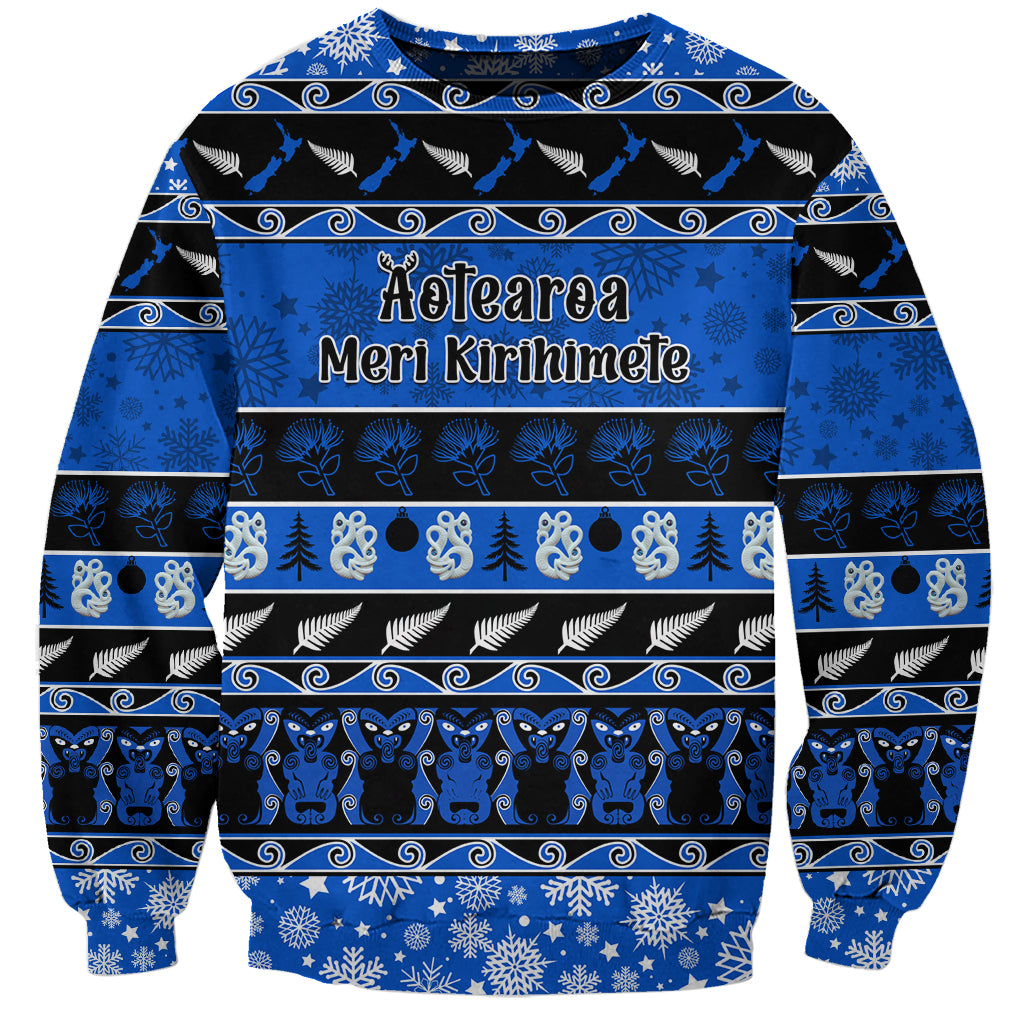 Personalised New Zealand Christmas Sweatshirt Aotearoa Kiwi Meri Kirihimete Blue Version - Wonder Print Shop