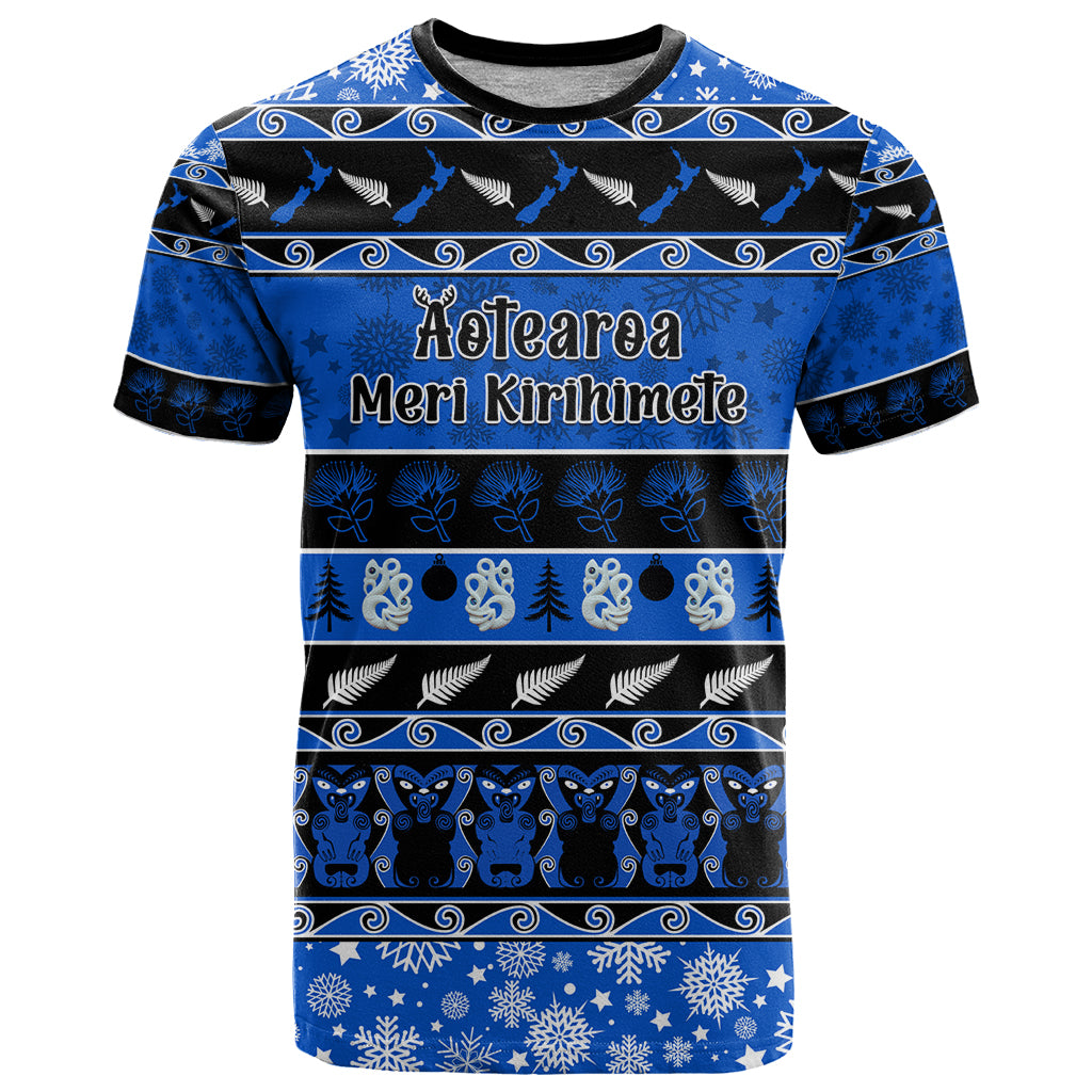 Personalised New Zealand Christmas T Shirt Aotearoa Kiwi Meri Kirihimete Blue Version - Wonder Print Shop