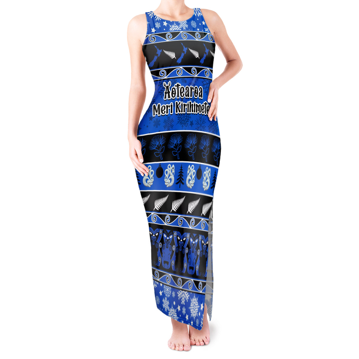 Personalised New Zealand Christmas Tank Maxi Dress Aotearoa Kiwi Meri Kirihimete Blue Version - Wonder Print Shop