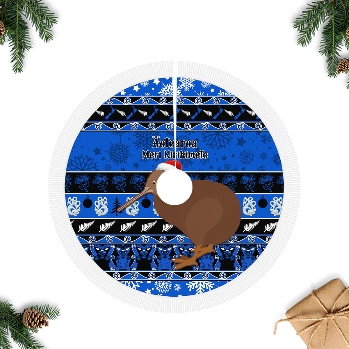 New Zealand Christmas Tree Skirt Aotearoa Kiwi Meri Kirihimete Blue Version - Wonder Print Shop