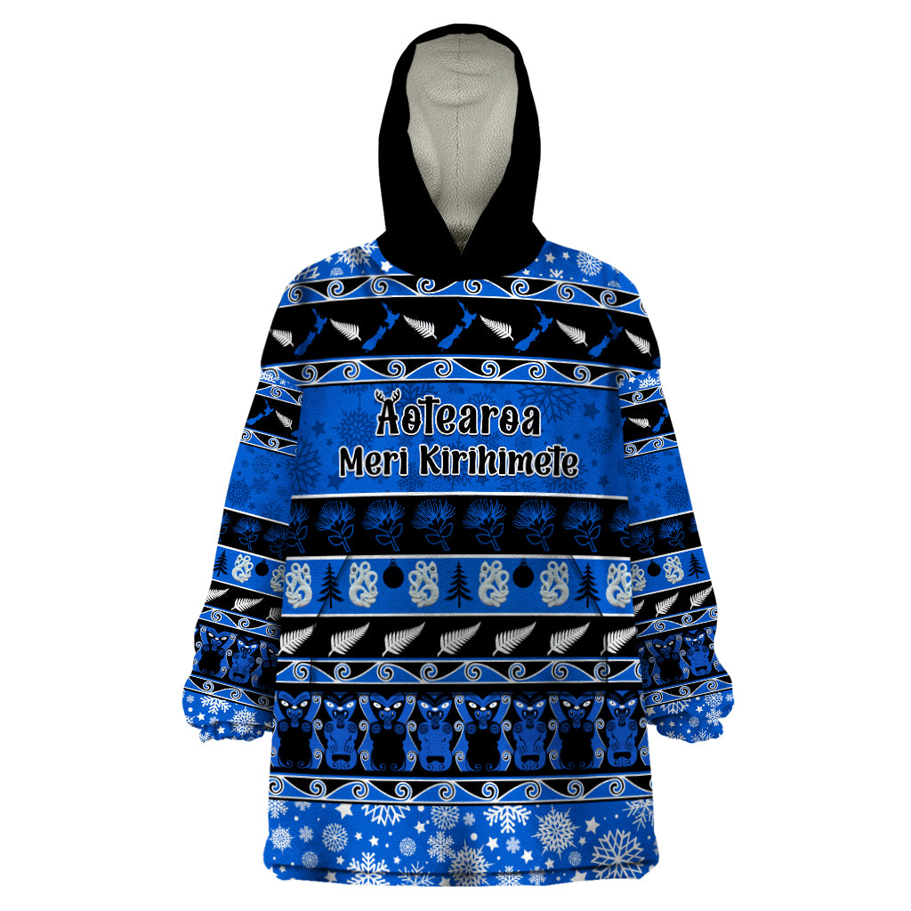 Personalised New Zealand Christmas Wearable Blanket Hoodie Aotearoa Kiwi Meri Kirihimete Blue Version - Wonder Print Shop
