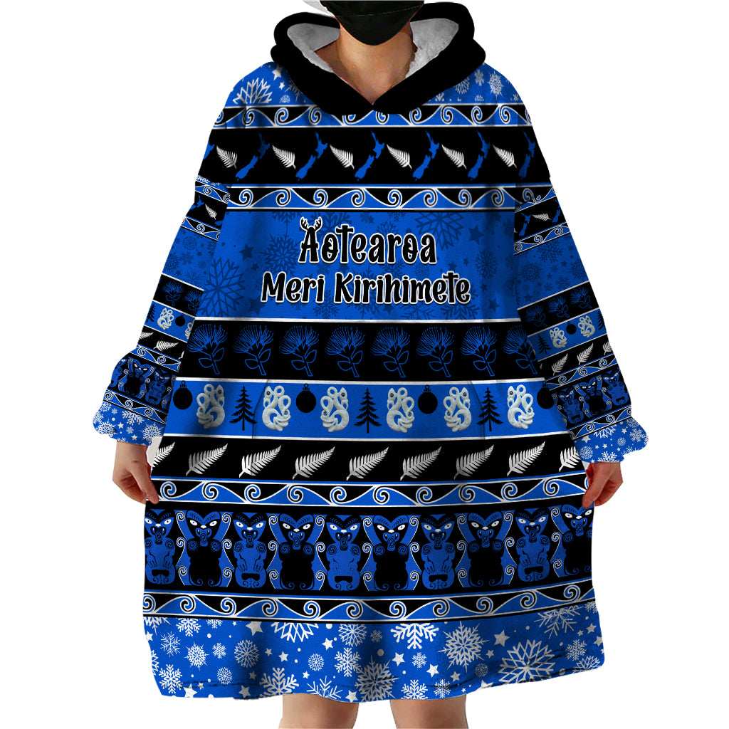 Personalised New Zealand Christmas Wearable Blanket Hoodie Aotearoa Kiwi Meri Kirihimete Blue Version - Wonder Print Shop