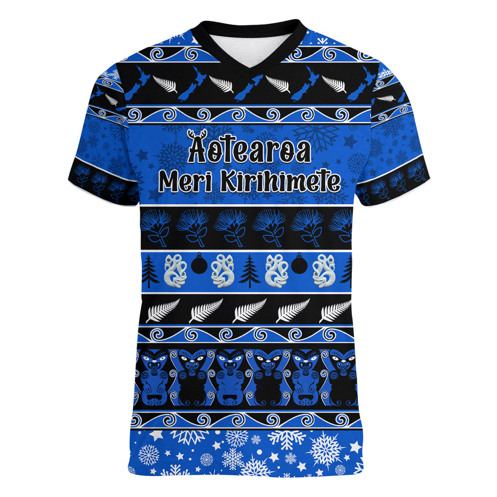 Personalised New Zealand Christmas Women V Neck T Shirt Aotearoa Kiwi Meri Kirihimete Blue Version - Wonder Print Shop