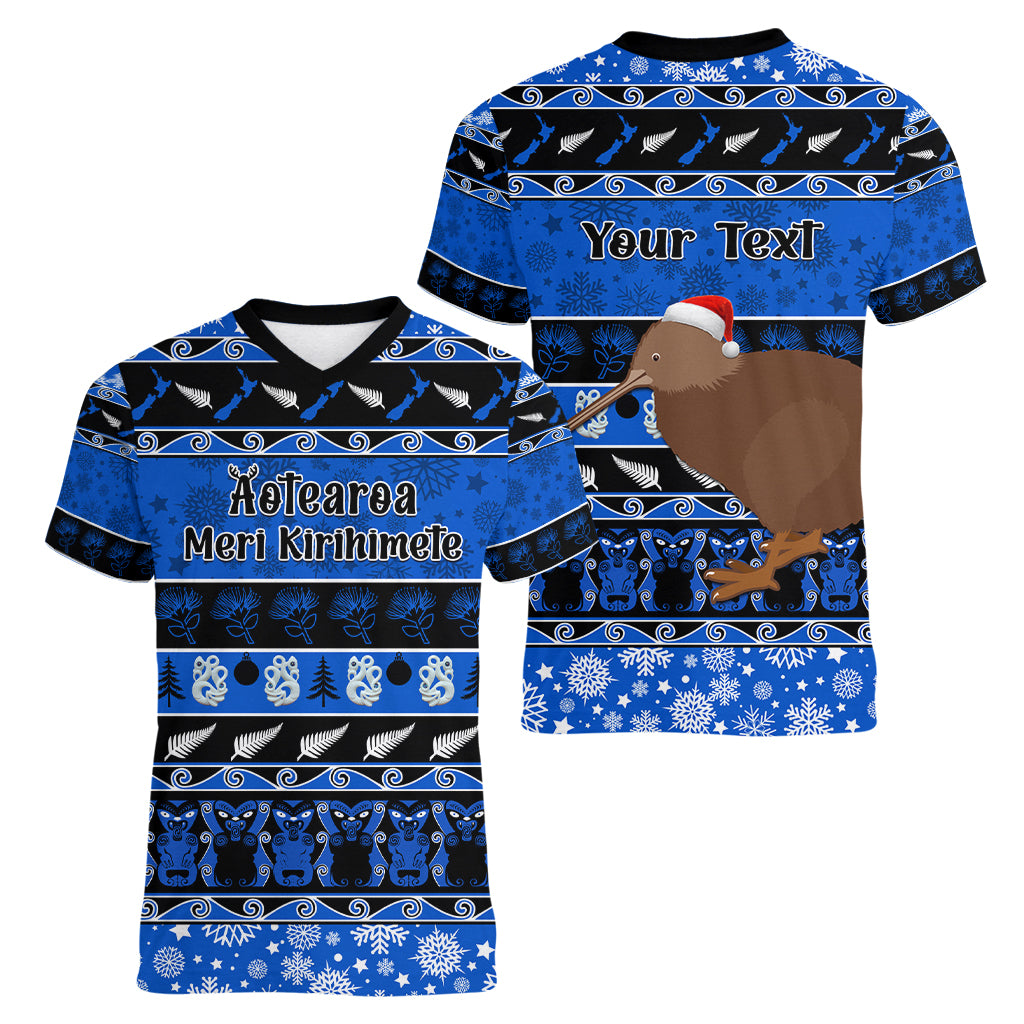 Personalised New Zealand Christmas Women V Neck T Shirt Aotearoa Kiwi Meri Kirihimete Blue Version - Wonder Print Shop