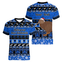 Personalised New Zealand Christmas Women V Neck T Shirt Aotearoa Kiwi Meri Kirihimete Blue Version - Wonder Print Shop