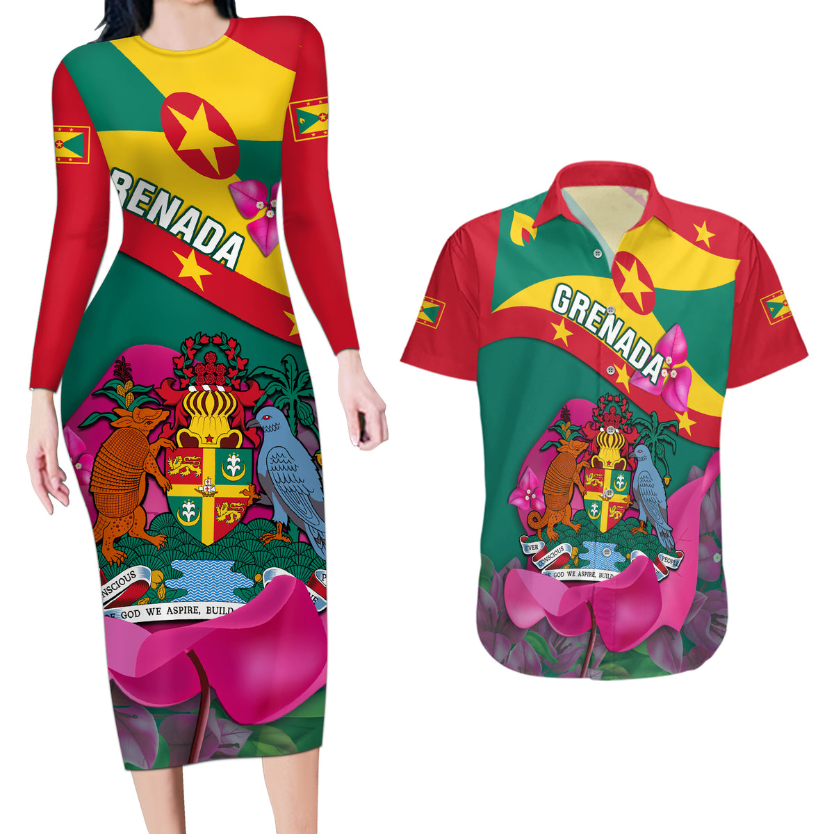 Grenada Independence Day Couples Matching Long Sleeve Bodycon Dress and Hawaiian Shirt Gwenad Bougainvillea Flowers - Wonder Print Shop
