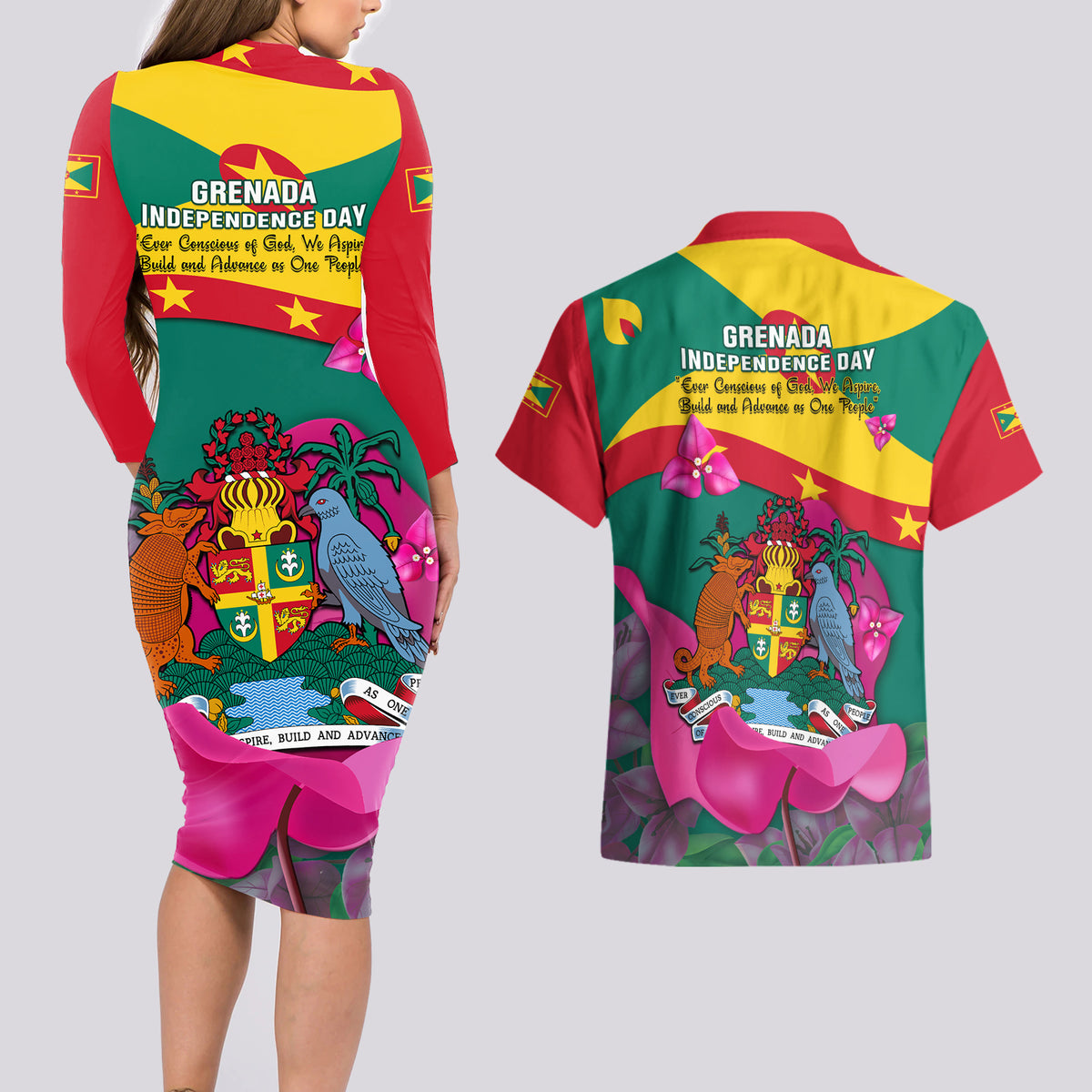 Grenada Independence Day Couples Matching Long Sleeve Bodycon Dress and Hawaiian Shirt Gwenad Bougainvillea Flowers - Wonder Print Shop