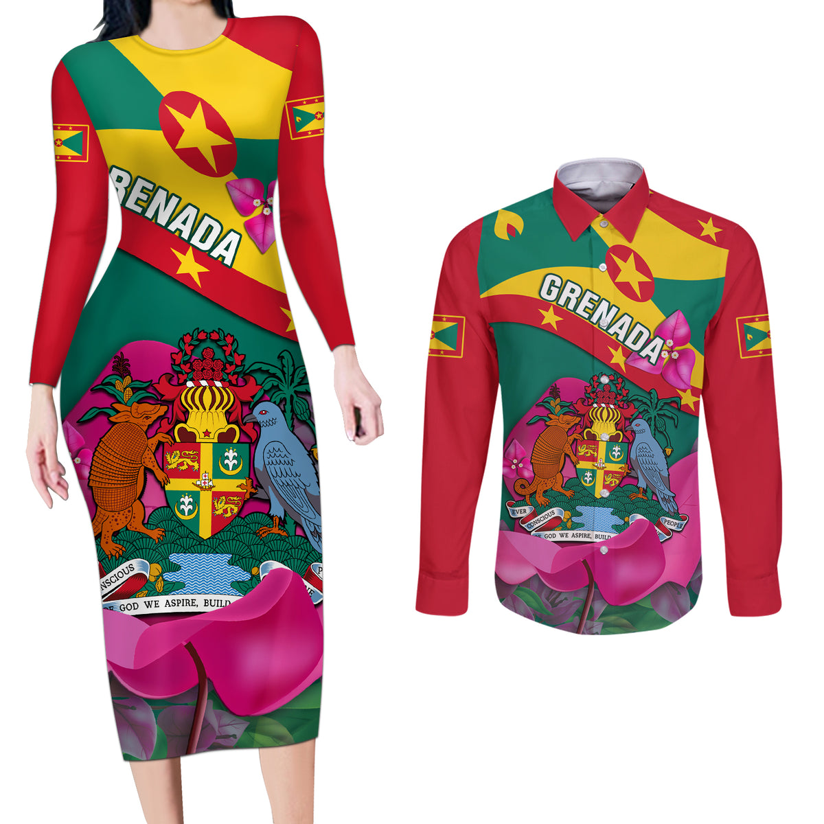 Grenada Independence Day Couples Matching Long Sleeve Bodycon Dress and Long Sleeve Button Shirt Gwenad Bougainvillea Flowers - Wonder Print Shop