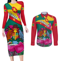 Grenada Independence Day Couples Matching Long Sleeve Bodycon Dress and Long Sleeve Button Shirt Gwenad Bougainvillea Flowers - Wonder Print Shop