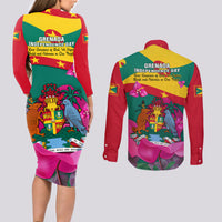 Grenada Independence Day Couples Matching Long Sleeve Bodycon Dress and Long Sleeve Button Shirt Gwenad Bougainvillea Flowers - Wonder Print Shop