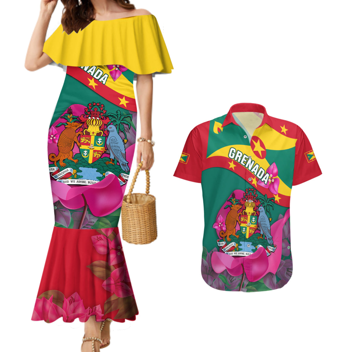 Grenada Independence Day Couples Matching Mermaid Dress and Hawaiian Shirt Gwenad Bougainvillea Flowers - Wonder Print Shop