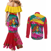 grenada-independence-day-couples-matching-mermaid-dress-and-long-sleeve-button-shirt-gwenad-bougainvillea-flowers