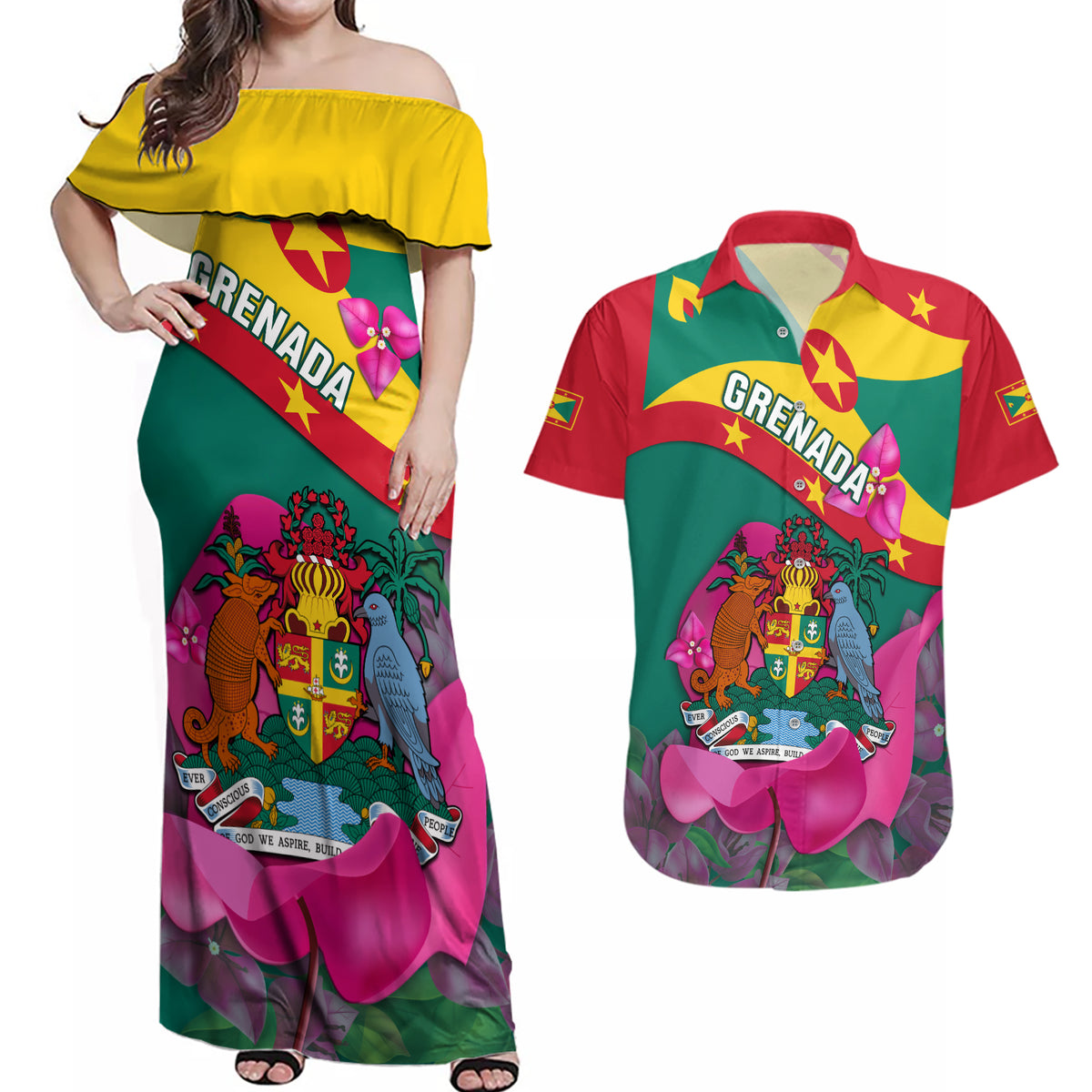 Grenada Independence Day Couples Matching Off Shoulder Maxi Dress and Hawaiian Shirt Gwenad Bougainvillea Flowers - Wonder Print Shop