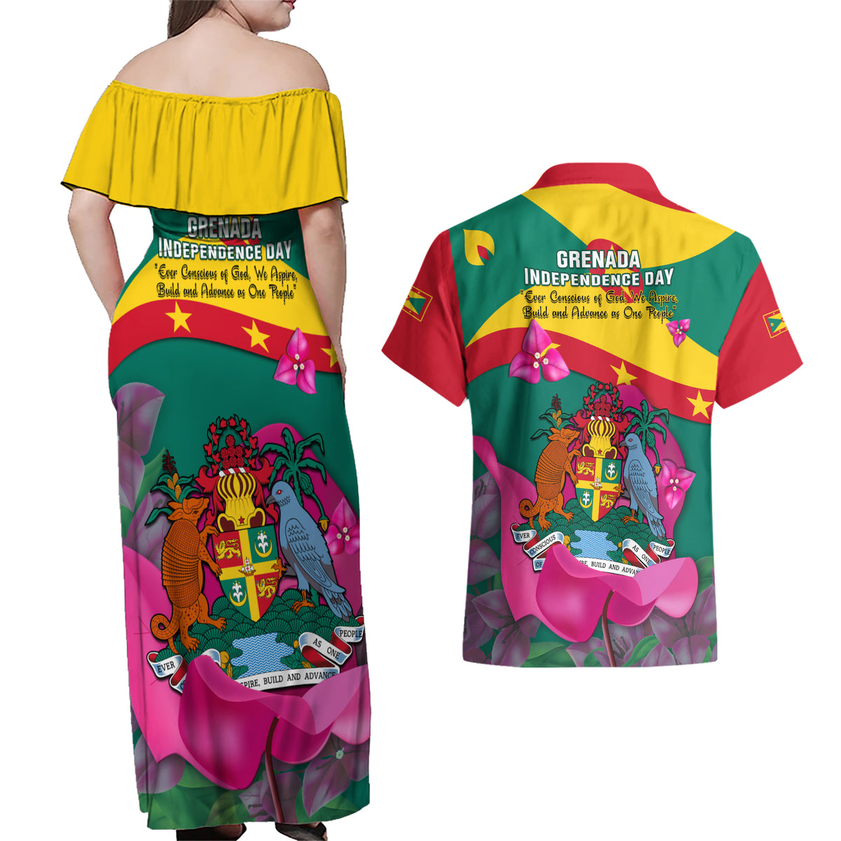 Grenada Independence Day Couples Matching Off Shoulder Maxi Dress and Hawaiian Shirt Gwenad Bougainvillea Flowers - Wonder Print Shop