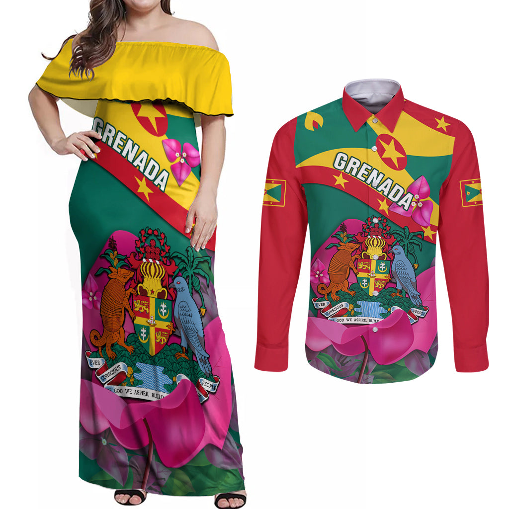 Grenada Independence Day Couples Matching Off Shoulder Maxi Dress and Long Sleeve Button Shirt Gwenad Bougainvillea Flowers - Wonder Print Shop