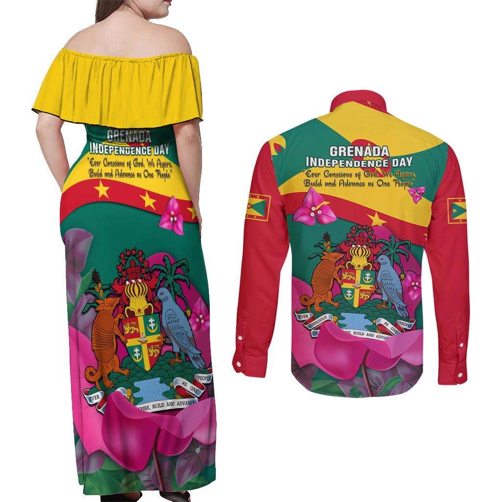 Grenada Independence Day Couples Matching Off Shoulder Maxi Dress and Long Sleeve Button Shirt Gwenad Bougainvillea Flowers - Wonder Print Shop