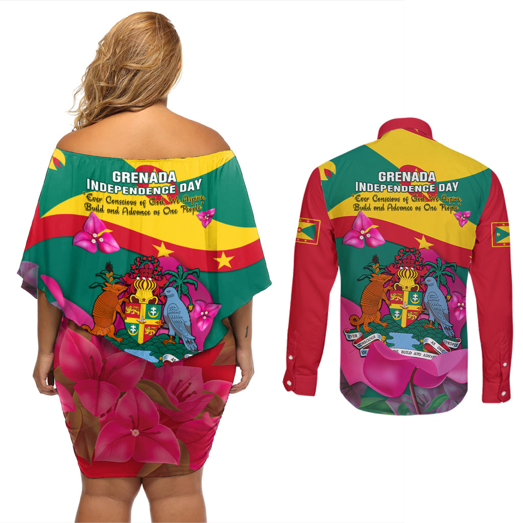 Grenada Independence Day Couples Matching Off Shoulder Short Dress and Long Sleeve Button Shirt Gwenad Bougainvillea Flowers - Wonder Print Shop