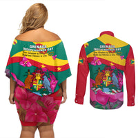 Grenada Independence Day Couples Matching Off Shoulder Short Dress and Long Sleeve Button Shirt Gwenad Bougainvillea Flowers - Wonder Print Shop