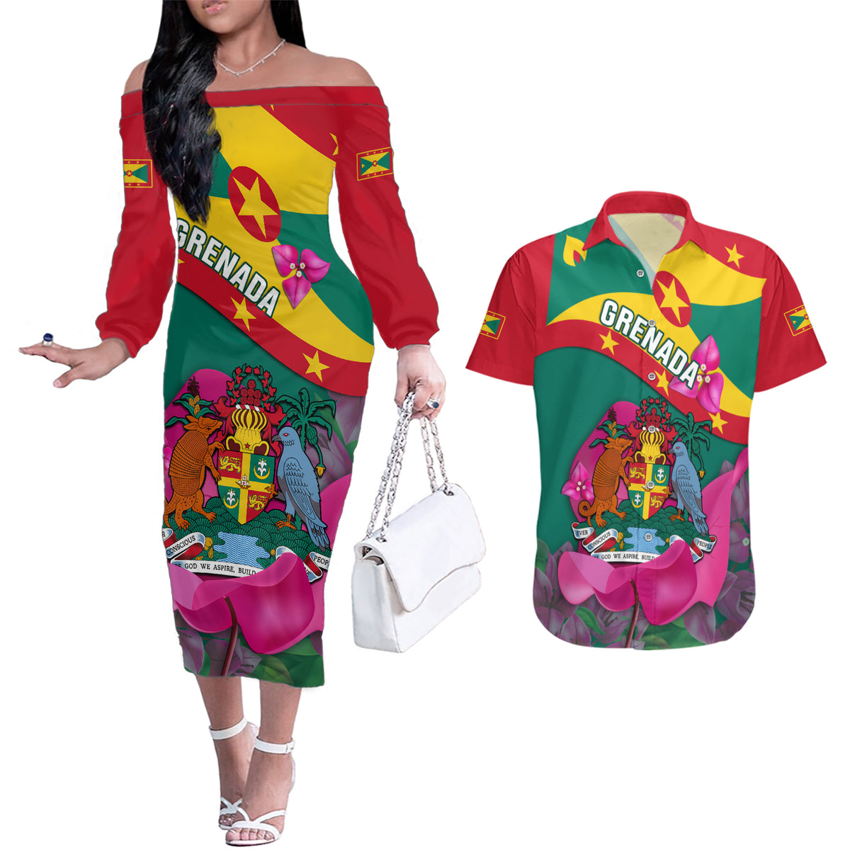 Grenada Independence Day Couples Matching Off The Shoulder Long Sleeve Dress and Hawaiian Shirt Gwenad Bougainvillea Flowers - Wonder Print Shop