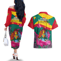 Grenada Independence Day Couples Matching Off The Shoulder Long Sleeve Dress and Hawaiian Shirt Gwenad Bougainvillea Flowers - Wonder Print Shop