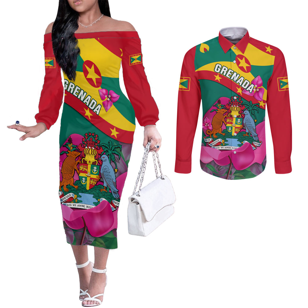 grenada-independence-day-couples-matching-off-the-shoulder-long-sleeve-dress-and-long-sleeve-button-shirt-gwenad-bougainvillea-flowers
