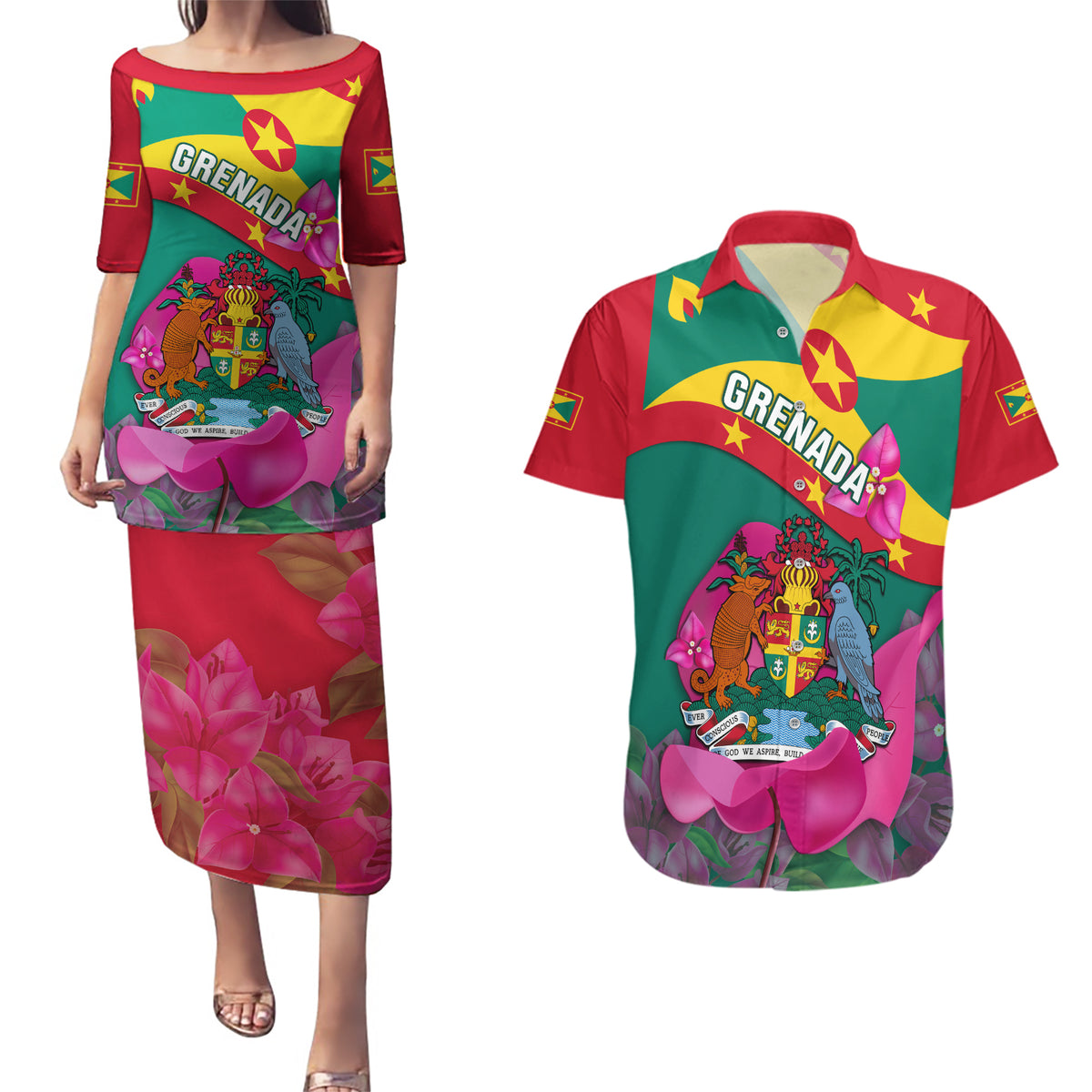 Grenada Independence Day Couples Matching Puletasi Dress and Hawaiian Shirt Gwenad Bougainvillea Flowers - Wonder Print Shop