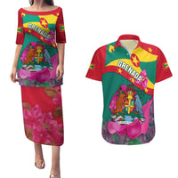 Grenada Independence Day Couples Matching Puletasi Dress and Hawaiian Shirt Gwenad Bougainvillea Flowers - Wonder Print Shop