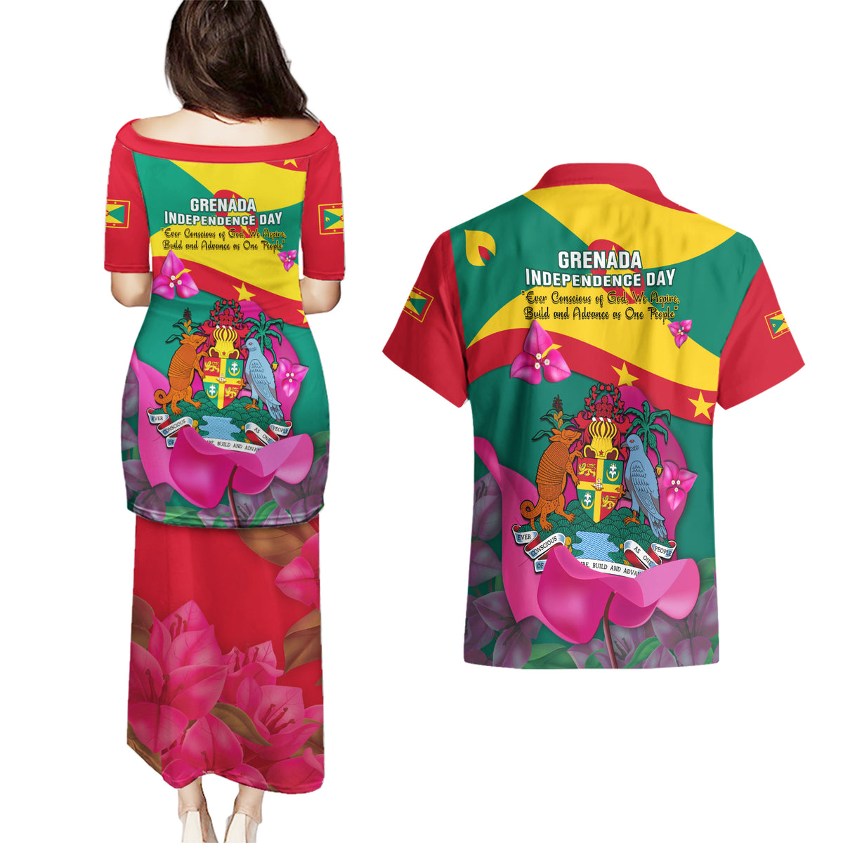 Grenada Independence Day Couples Matching Puletasi Dress and Hawaiian Shirt Gwenad Bougainvillea Flowers - Wonder Print Shop
