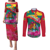 Grenada Independence Day Couples Matching Puletasi Dress and Long Sleeve Button Shirt Gwenad Bougainvillea Flowers - Wonder Print Shop