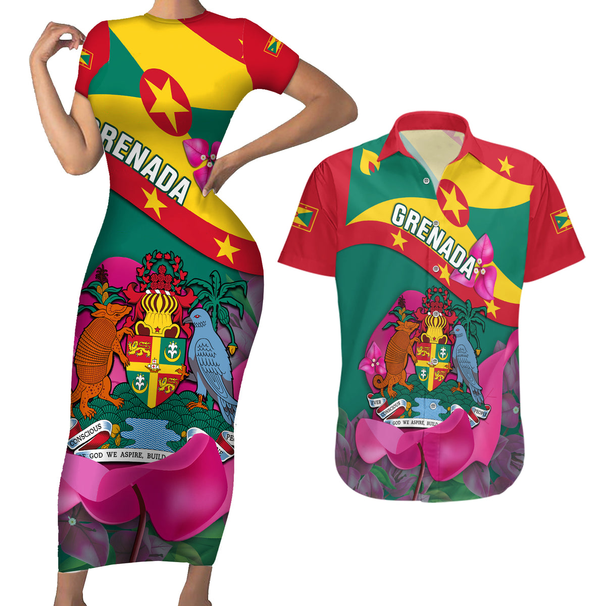 Grenada Independence Day Couples Matching Short Sleeve Bodycon Dress and Hawaiian Shirt Gwenad Bougainvillea Flowers - Wonder Print Shop