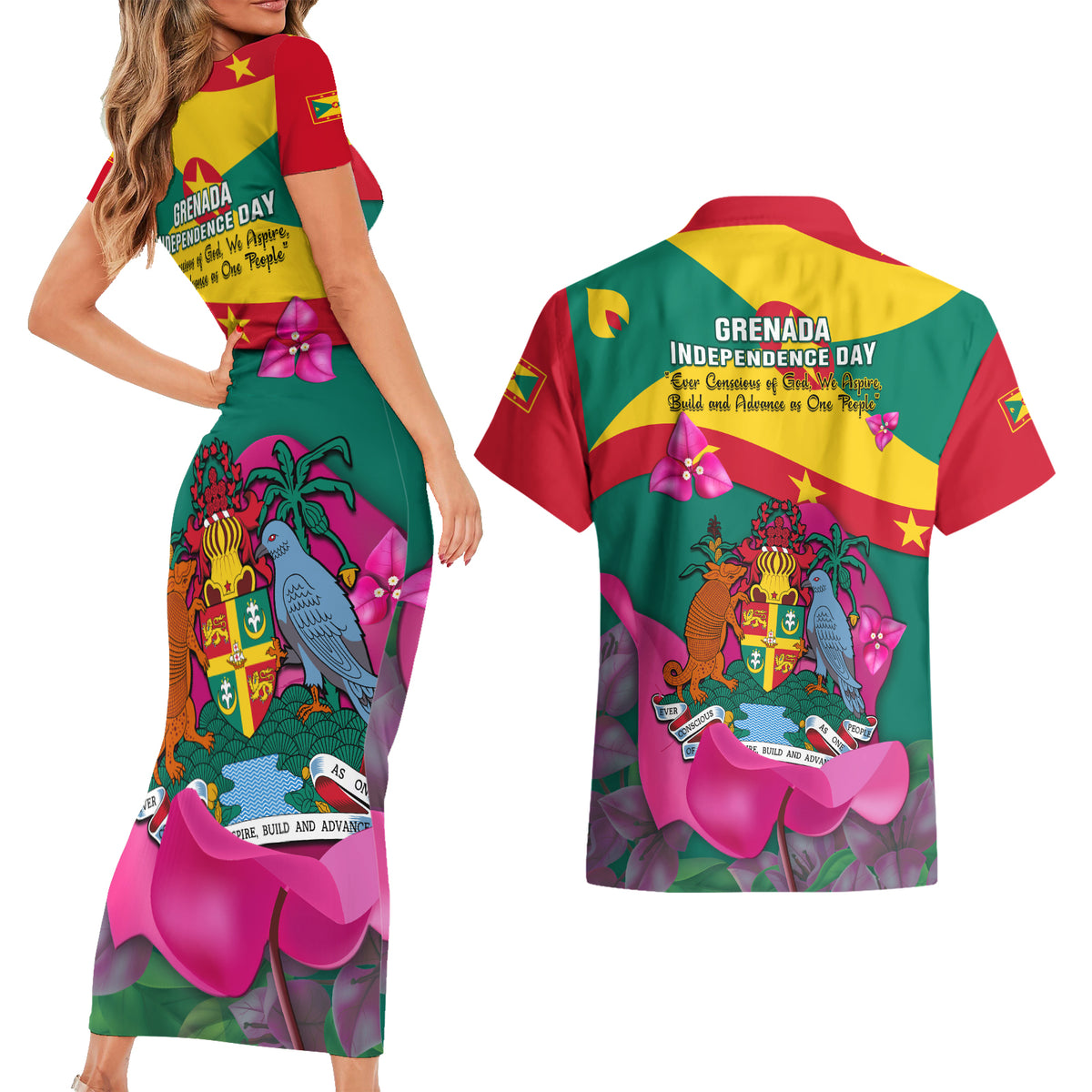Grenada Independence Day Couples Matching Short Sleeve Bodycon Dress and Hawaiian Shirt Gwenad Bougainvillea Flowers - Wonder Print Shop