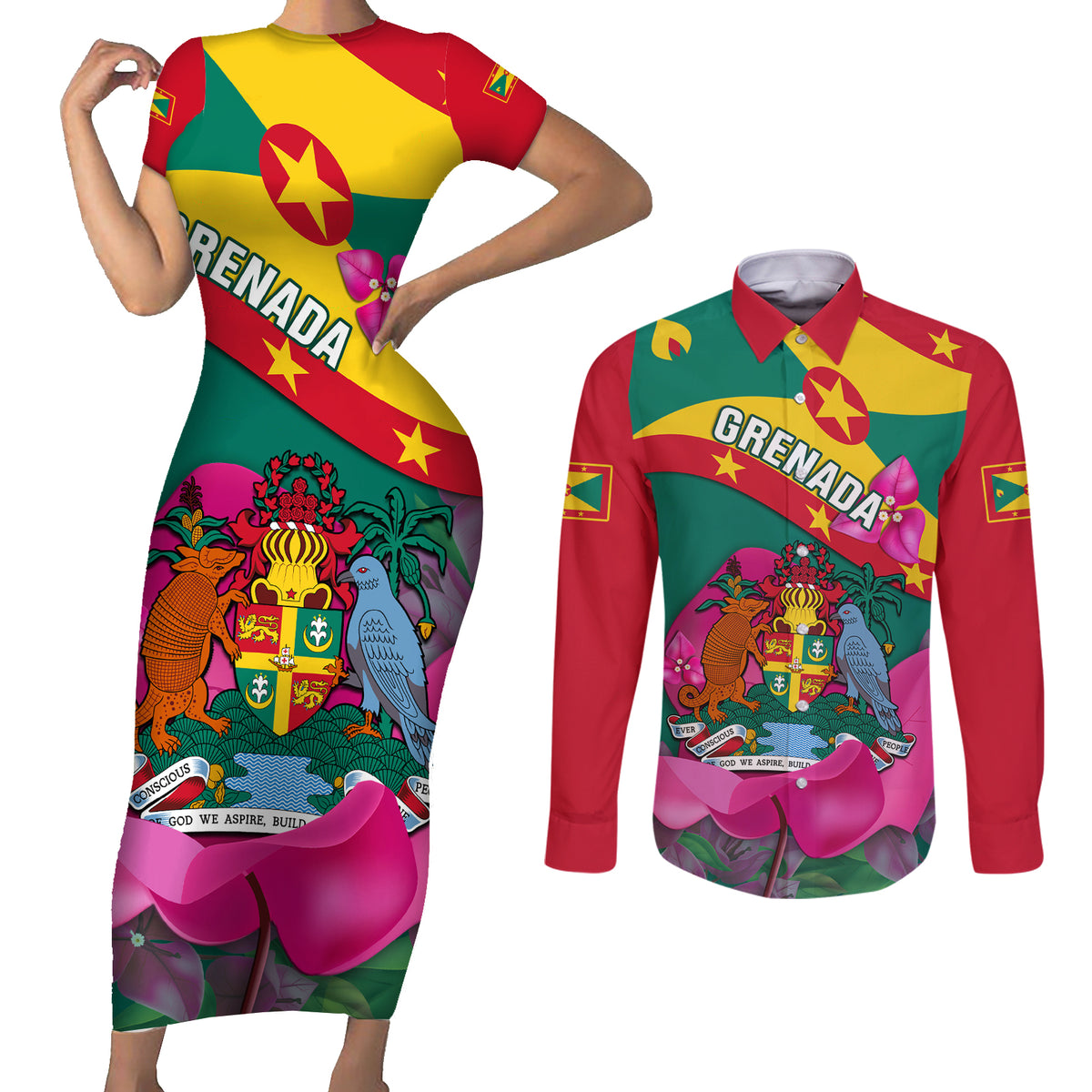 Grenada Independence Day Couples Matching Short Sleeve Bodycon Dress and Long Sleeve Button Shirt Gwenad Bougainvillea Flowers - Wonder Print Shop