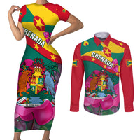 Grenada Independence Day Couples Matching Short Sleeve Bodycon Dress and Long Sleeve Button Shirt Gwenad Bougainvillea Flowers - Wonder Print Shop