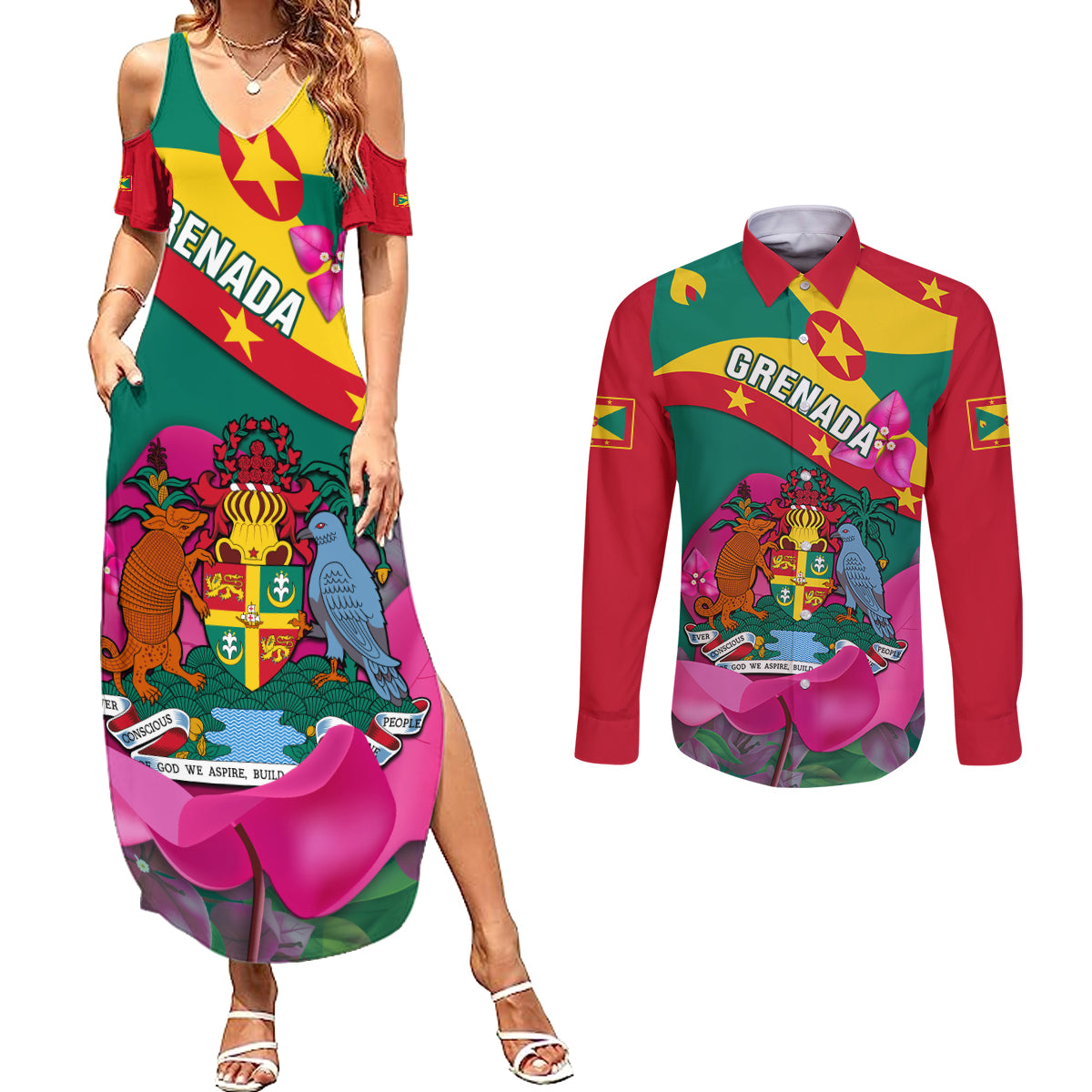 Grenada Independence Day Couples Matching Summer Maxi Dress and Long Sleeve Button Shirt Gwenad Bougainvillea Flowers - Wonder Print Shop