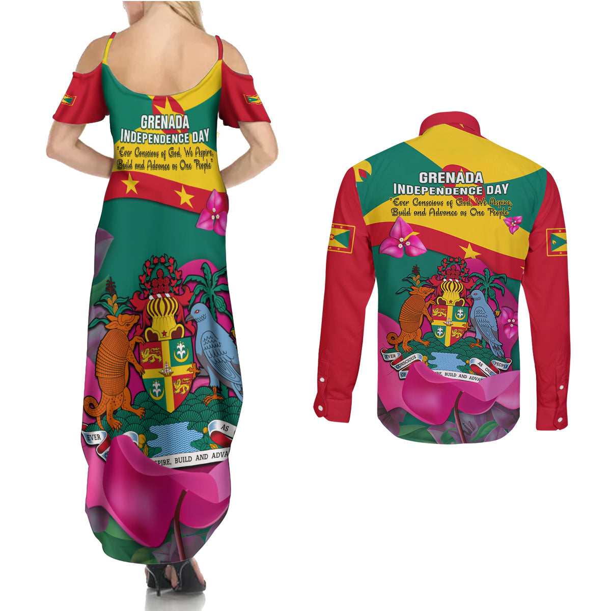 Grenada Independence Day Couples Matching Summer Maxi Dress and Long Sleeve Button Shirt Gwenad Bougainvillea Flowers - Wonder Print Shop