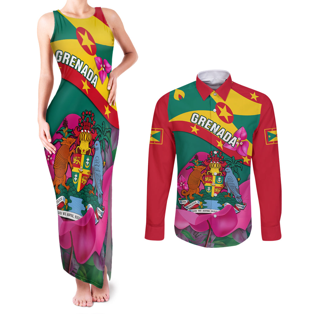 Grenada Independence Day Couples Matching Tank Maxi Dress and Long Sleeve Button Shirt Gwenad Bougainvillea Flowers - Wonder Print Shop